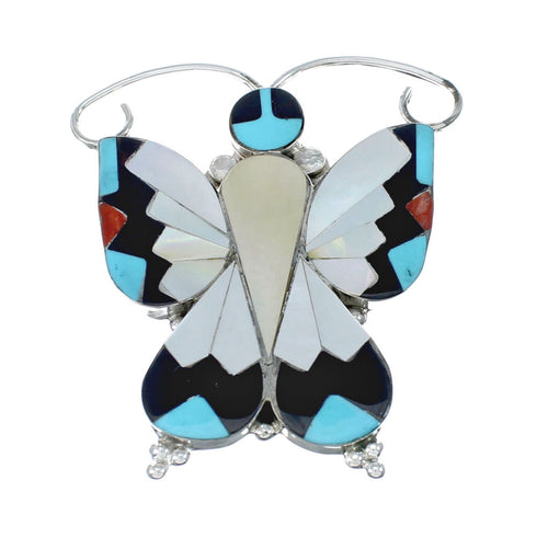 Native American Zuni Multicolor Sterling Silver Butterfly Pendant And Pin NX11693